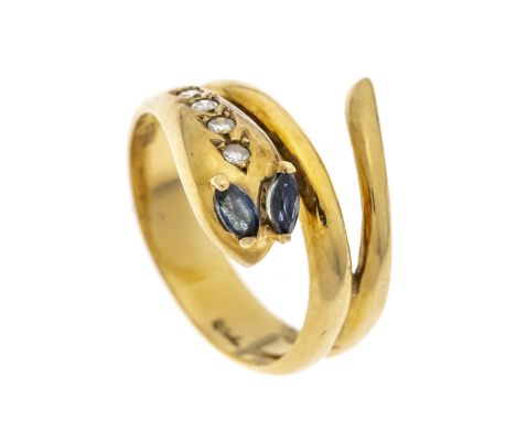 Schlangen-Ring GG 750/000 ungest., gepr., mit 2 fac. Saphir-Navettes 3,7 x 2,2 mm und 4 Achtkant-Diamanten, zus. 0,08 ct W/SI