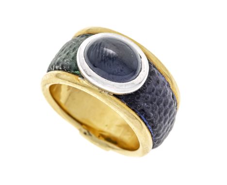 Saphir-Ring GG/WG 750/000 mit einem ovalen Saphir-Cabochon 9,5 x 7,5 mm, transluzent - opak, Dunkelblau und Lederelementen, R