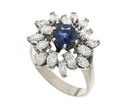Saphir-Diamant-Ring WG 585/000 mit einem rund fac. Saphir 1,0 ct Blau, transparent mit wenig inneren Merkmalen und 16 Diamant