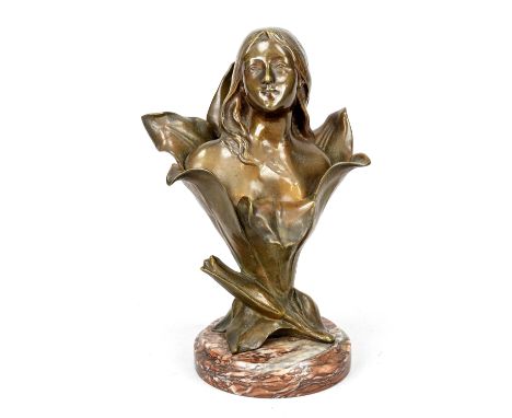 Henri Godet (1863-1937), frz. Bildhauer des Art Nouveau, weibliche Büste einer Blüte entspringend, braun patinierte Bronze au