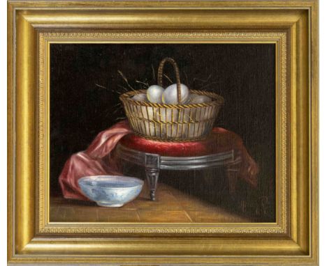 Herdin Radke (*1943), Stillleben mit Osterkörbchen, Ö auf Lwd., u. re. sign. Herdin R,, 25 x 30 cm, ger. 33 x 39 cm