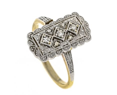Art Déco Diamant-Ring GG/WG 585/000 mit 3 Achtkant-Diamanten, zus. 0,07 ct l.get.W-get.W/SI und Diamantrosen, RG 51, 2,7 g