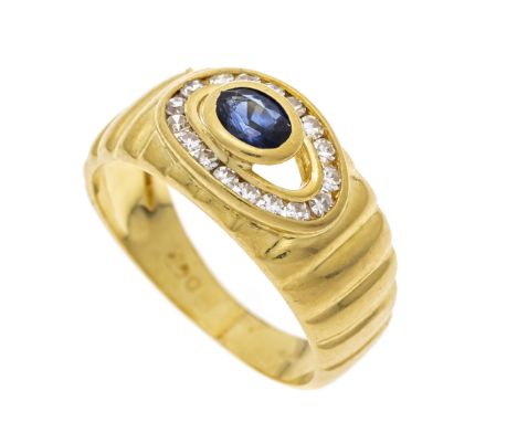 Saphir-Diamant-Ring GG 750/000 mit einem oval fac. Saphir 4,8 x 3,4 mm, bestoßen und 17 Achtkant-Diamanten, zus. 0,15 ct W/VS