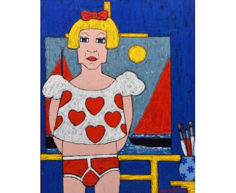 Brent Hixon (British Contemporary) Sir Grayson Perry, has anyone seen my trousers?, signed lower right, oil on board, 76 x 61