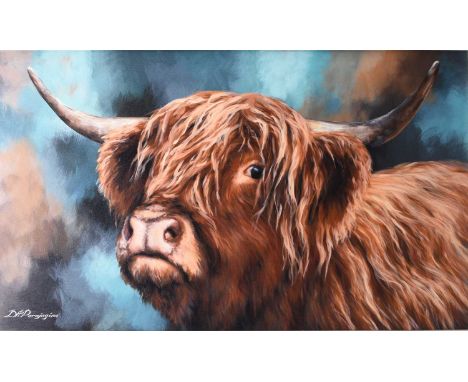 Dina Perejogina (British 20th-21st Century) Highland Heifer, signed lower left, oleograph on board, 58 x 98 cm, frame 76 x 11