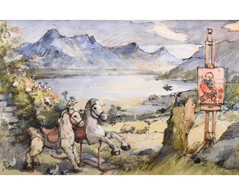 Bohuslav Barlow (b.1947) Study for Brooding, rocking horses and easel before a lakeside landscape, signed and dated '99 lower