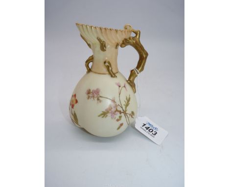 A Royal Worcester blush ivory jug, painted flowers and gilt decoration, the handle in the form of a tree root, 5" tall, date 