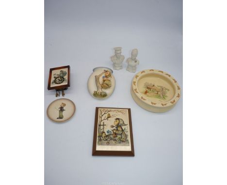 A small quantity of china to include; Royal Doulton Bunnykins bowl, Goebel wall pocket, bisque busts of Edward VII and Alexan