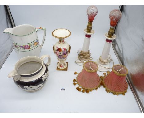 A quantity of china including a pair of white lamp bases with red collars and pink pleated shades, hand painted floral vase o