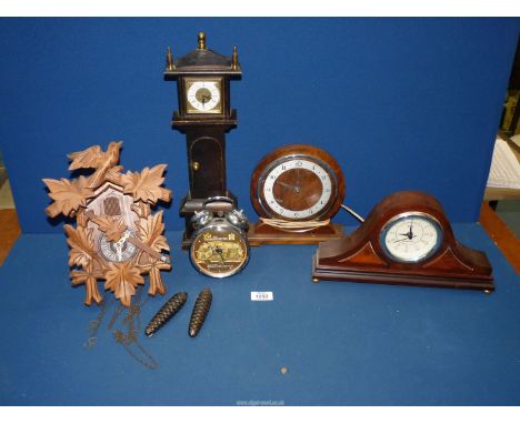 A quantity of clocks including miniature Grandfather clock, Haynes VW 1600 Transporter alarm clock, electric mantle clock, cu