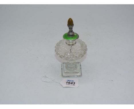 A slice, strawberry and thumb cut pedestal scent bottle on a square step base mounted in Sterling and enamel silver having po