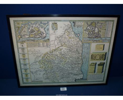 A framed and glazed print of a John Speed map of Northumberland 22 1/2" x 17 1/4" including frame.