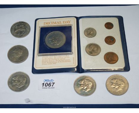 A cased set of British First Decimal coins, four 'The Prince of Wales and Lady Diana Spencer' Crowns, Churchill crown and Sil