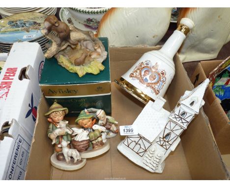 An Aynsley Otter and cubs (boxed), two Goebel figures:  boy with rabbits and boy with lambs and a Wade whisky bell, church ni