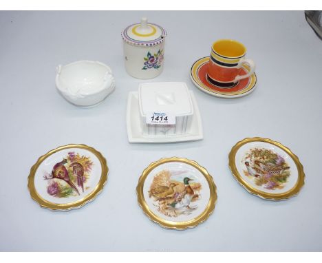 An Art Deco Whittard coffee cup and saucer, Poole preserve pot, Coalport butter dish, small Coalport bowl and three Royal Gra