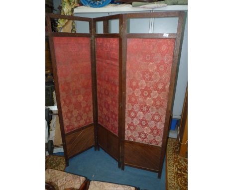 An Oak framed three-fold modesty screen the inset fabric panels having lattice patterned light/dark pink fabric, each leaf 72