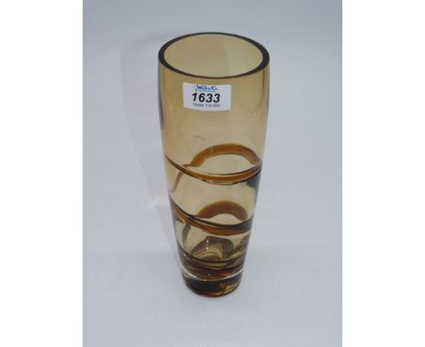 A 20th C heavy coffee coloured tapered glass vase with inset 'Corkscrew' amber bands rising from thick base, 10" tall x 3 1/2