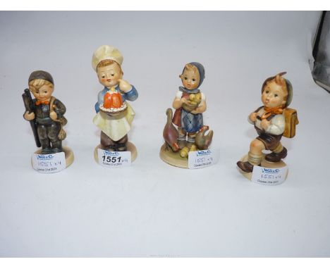 Four Goebel figures to include; Feeding time, boy with ladder, boy with jelly and a boy rambling. All approx 4" tall.
