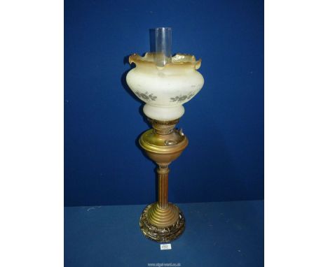 A vintage brass Oil lamp with glass shade, German made for S. Patterson*?, 28" tall.