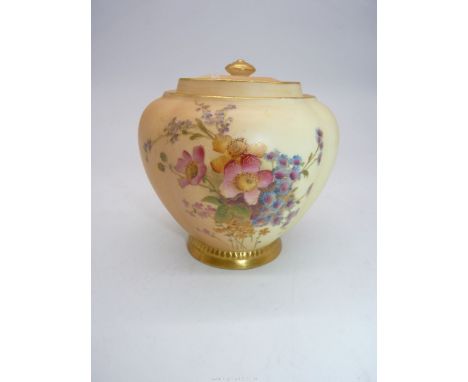 A lobed Royal Worcester blush jar and cover, painted with flowers and foliage, pattern no: 1314, date 1908 - chip to foot. 4 