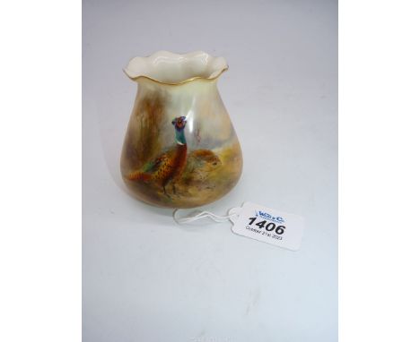 A hand painted James Stinton Royal Worcester vase, painted pair of pheasants in a woodland glade, signed lower left, date 191