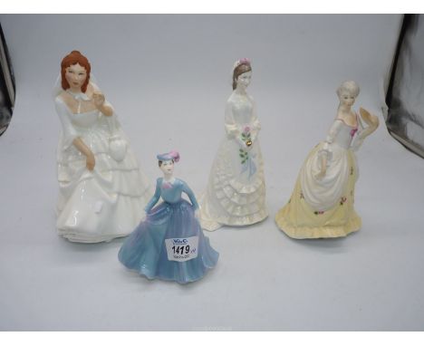 Four bone china figures of ladies including Royal Worcester 'Invitation' and 'The Bride', Royal Doulton 'Barbara' and Coalpor