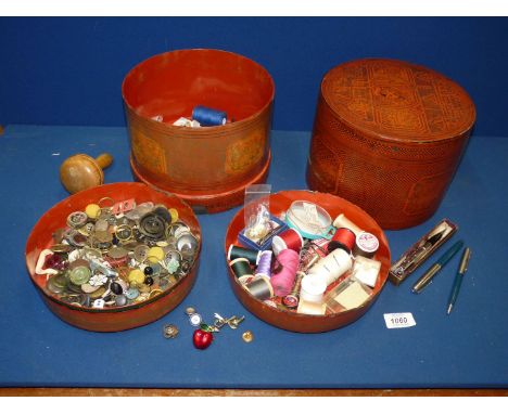 A quantity of miscellanea to include a red lacquered Oriental style sewing box with contents including bobbins, buttons and c