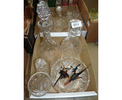 A small quantity of glass including decanters, fruit bowl, fighting cocks, three mice playing musical instruments, etc.