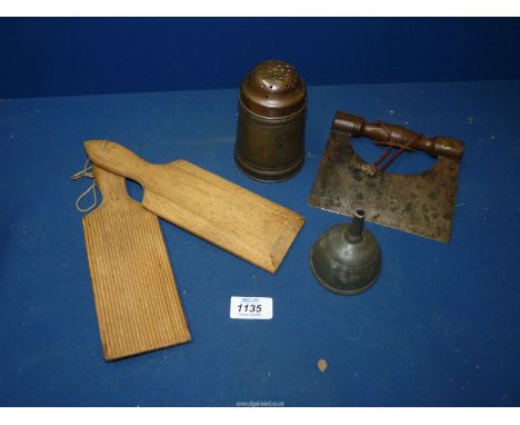 A small quantity of miscellaneous including a pewter sifter with copper top, butter pats (Scotch hands), a herb dicer/chopper