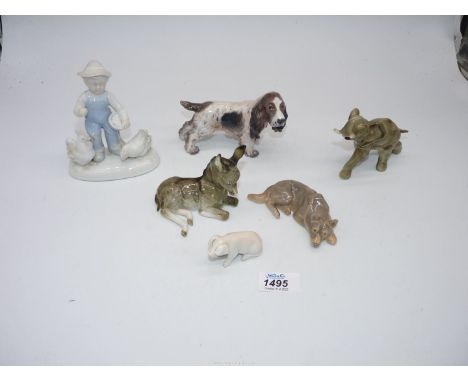 A small quantity of animal figures including Royal Copenhagen dog, piglet, spaniel, German donkey and elephant (a/f.).