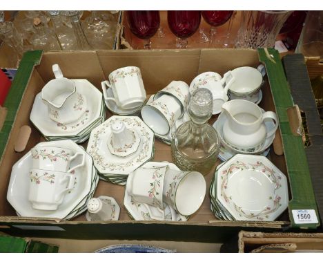 A Johnson Brothers Eternal Beau tea and dinner ware including cups, saucers, desert dishes, condiments, plus a glass decanter
