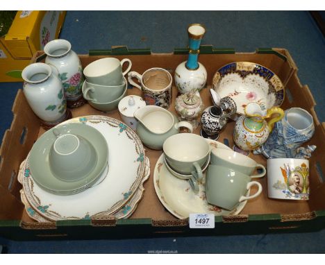 A box of china to include Wedgwood cups and saucers, some a/f., Bunnykins bowl, hand painted vase, King Edward VIII Coronatio