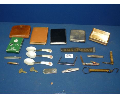 A quantity of miscellanea including Mother of pearl spoons, War Defence issue playing cards, cigarette cards, leather goods, 