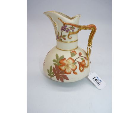 A Royal Worcester blush ivory ewer, hand painted, striking colourful flowers and twist gilt handle, 6" tall, date 1889, shape