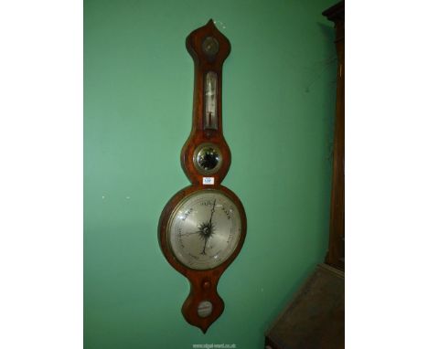 A Mahogany five-point mercury barometer with barometer, convex mirror, thermometer, hygrometer (as found), and spirit level b