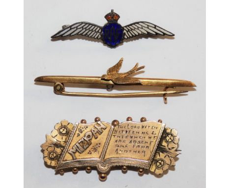 A Victorian 9ct rose gold Mizpah panel brooch, a 9ct gold swallow bar brooch and a silver and enamel RAF sweetheart brooch (2