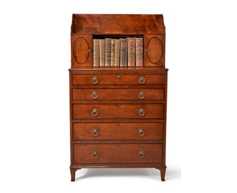 A George III satinwood and purple heart banded secretaire cabinet, attributed to Gillows, circa 1800, the upper section with 