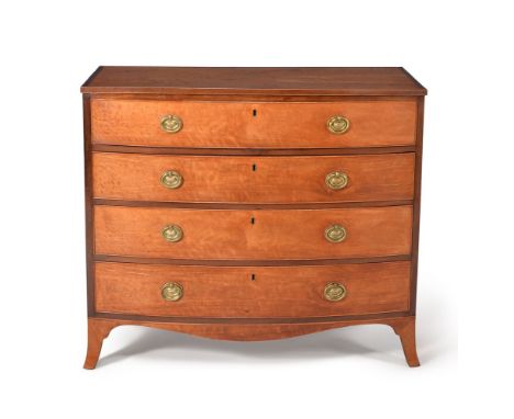 A George III satinwood and purple heart banded bowfront chest of drawers, attributed to Gillows, circa 1800, with four long g