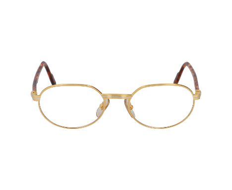 CARTIER Brille "53-19". Vergoldetes Modell mit Bicolor Dekor und marmorierten Bügel. Umkarton, Etui, Schrauben und Booklet an