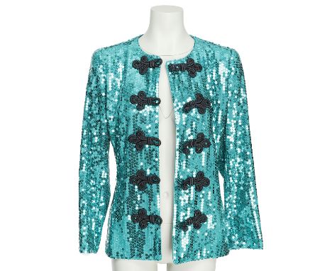 YVES SAINT LAURENT VINTAGE Jacke, Gr. ca. 36. Türkisfarbenes Modell mit Pailettenbesatz, dekorativem Schlingenverschluss. Knö
