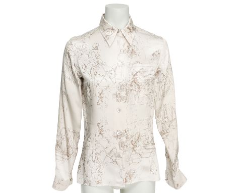 HERMÈS Bluse, Gr. 34 (fr. 36). 100% Seide. Graues Modell mit Zeichnungen, Umlegekragen, Perlmuttknöpfen und einer Brusttasche