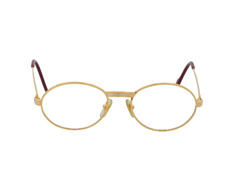 CARTIER VINTAGE Brille "SAINT HONORE". Vergoldetes Modell mit ovalen Gläsern, Bicolor-Detail am Nasensteg und seitlich. Gebra