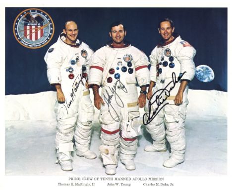 APOLLO XVI: A good signed colour 10 x 8 photograph by the three crew members of Apollo XVI individually comprising John Young