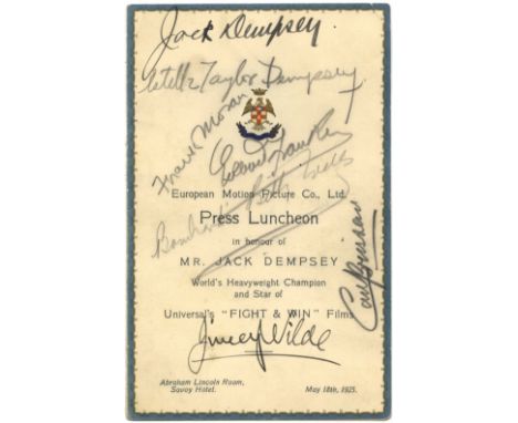 BOXING: A printed 8vo menu for a Press Luncheon held in honour of Jack Dempsey ('World's Heavyweight Champion and Star of Uni