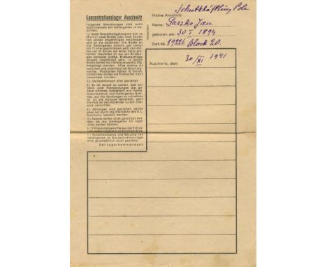AUSCHWITZ: An A.L.S. by Jan Paszko, a Prisoner of War, two pages, 8vo (on the official printed folding stationery of Konzentr