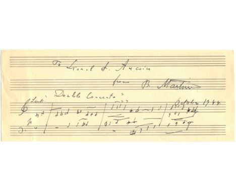 MARTINU BOHUSLAV: (1890-1959) Czech Composer. A.M.Q.S., B. Martinu, one page (manuscript paper), slim oblong 8vo, n.p., Octob