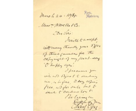 ELGAR EDWARD: (1857-1934) English Composer. A.L.S., Edward Elgar, one page, 8vo, Forli, Malvern, 24th March 1894, to Messrs. 