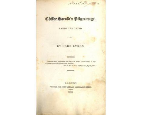 BYRON LORD: (1788-1824) British Poet, a leading figure in the Romantic Movement.  Book signed, a hardback edition of Childe H