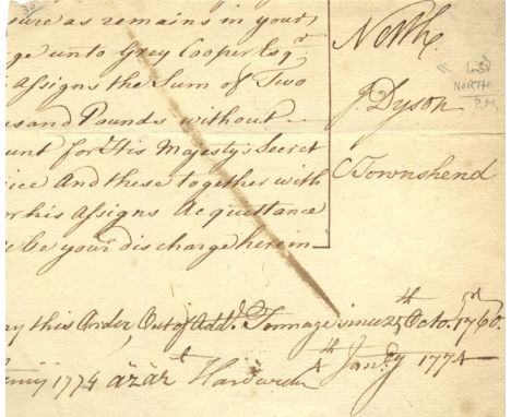 NORTH LORD: (1732-1792) British Prime Minister 1770-82. Portion of a D.S., North, one page, oblong 8vo, n.p. (Treasury Chambe