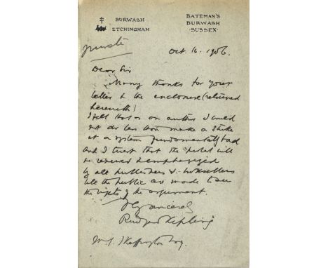 KIPLING RUDYARD: (1865-1936) English Author, Nobel Prize winner for Literature, 1907. A.L.S., Rudyard Kipling, one page, 8vo,